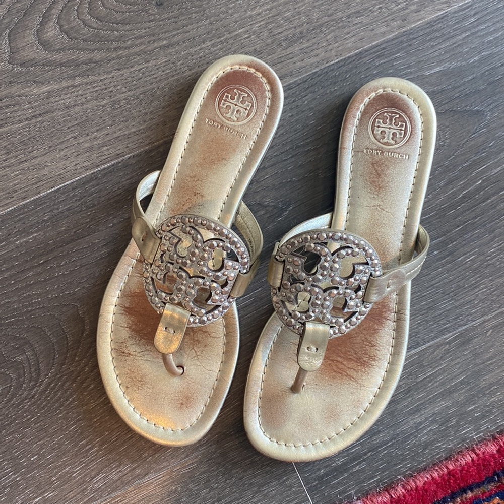 SIZE 7, TORY BURCH MILLER EMBELLISHED SANDAL IN SPARK GOLD